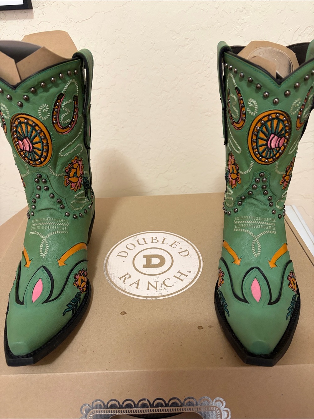 Double D Ranch Green Western Heeled Boots with Pink & Orange Embroidery - Picture 4 of 6